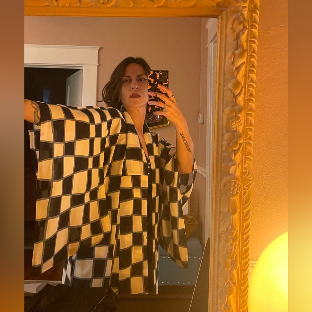 Antique sheer Sha Silk kimono psychedelic checkerboard transparent chess usomono - Picture 5 of 12